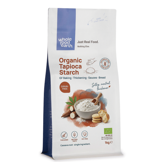 Organic tapioca starch from Whole Food Earth, gluten-free flour made from dried cassava roots in a clear bag.