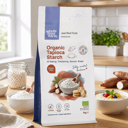 Organic tapioca starch from Whole Food Earth, fine white flour used for gluten-free baking and cooking.