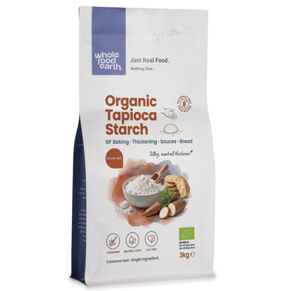 Organic tapioca starch flour from Whole Food Earth, fine white powder used in baking and gluten-free cooking.