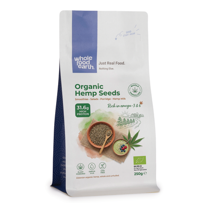 Organic hemp seeds from Whole Food Earth in various weights, showcasing fresh, green seeds in a clear container.