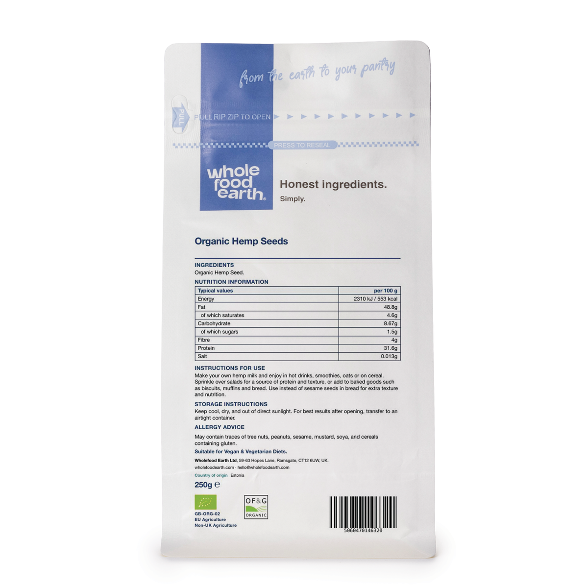 Organic hemp seeds from Whole Food Earth displayed in a 3D back view, showcasing the nutty seeds in a clear container.