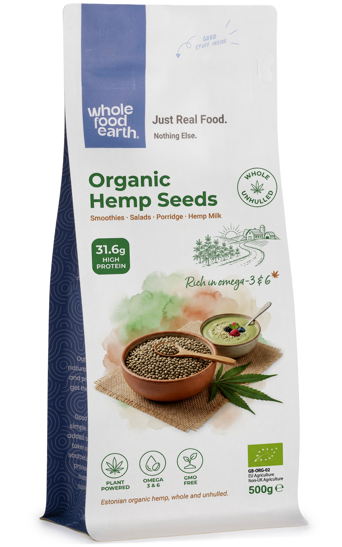 Organic hemp seeds from Whole Food Earth, showing a close-up of green, nutty seeds in a clear container.