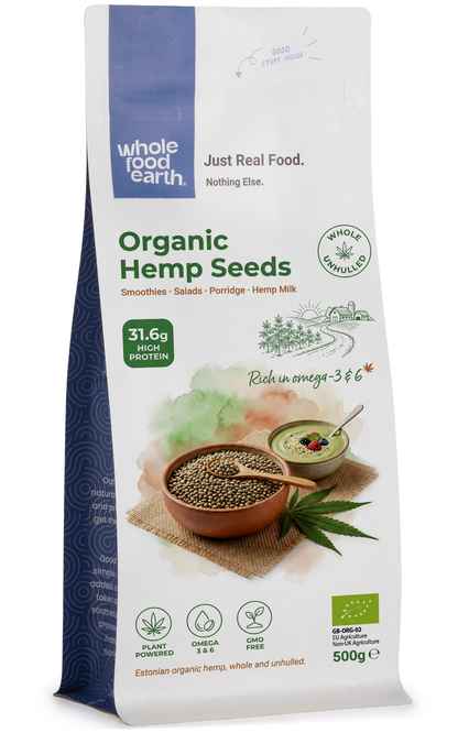 Organic hemp seeds from Whole Food Earth, showing a close-up of green, nutty seeds in a clear container.