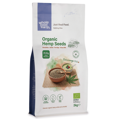 Organic hemp seeds from Whole Food Earth in various package sizes, showing fresh, green hemp seeds in a clear bowl or bag.