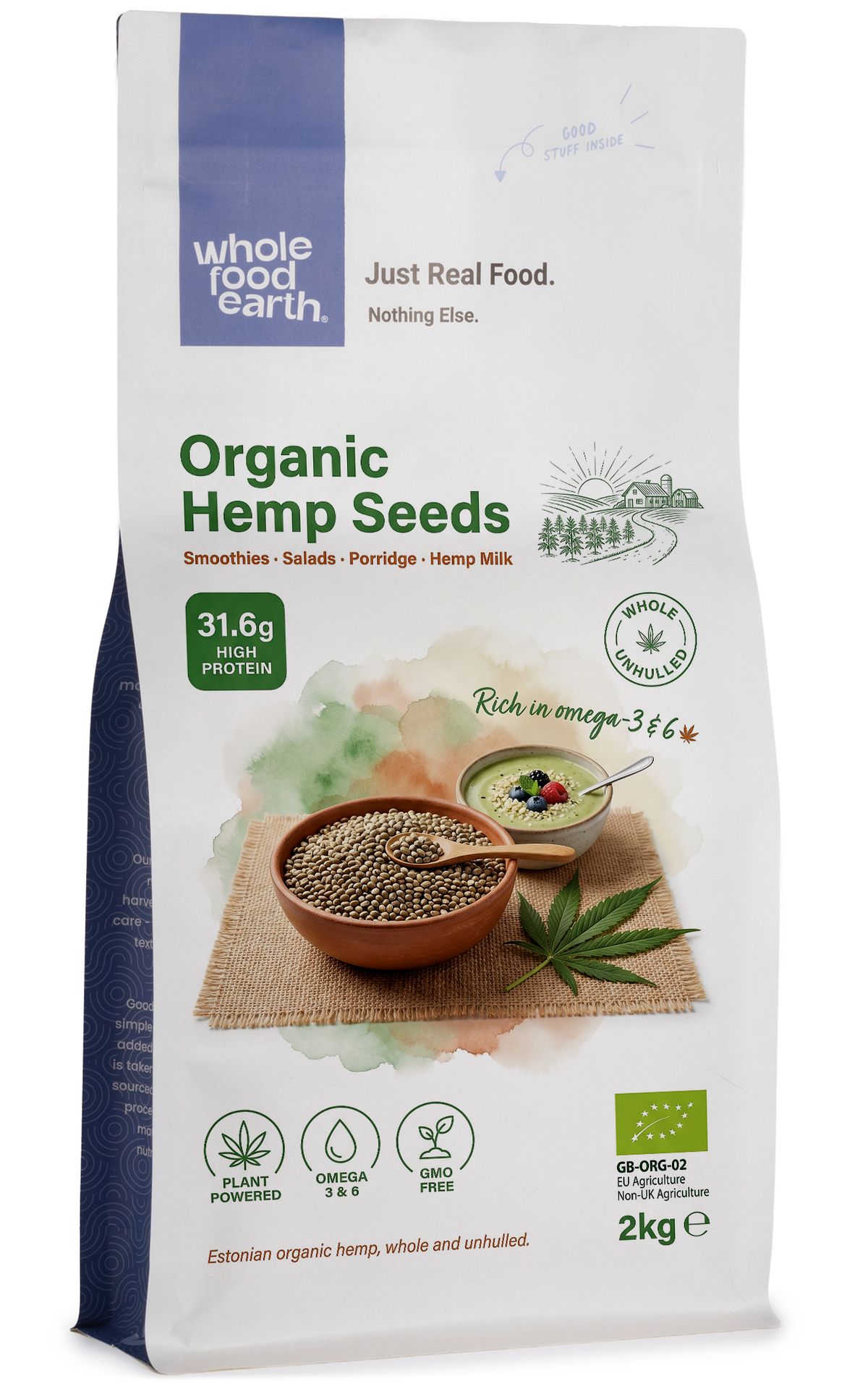 Organic hemp seeds from Whole Food Earth, shown in a clear container, highlighting their natural, nutty appearance.