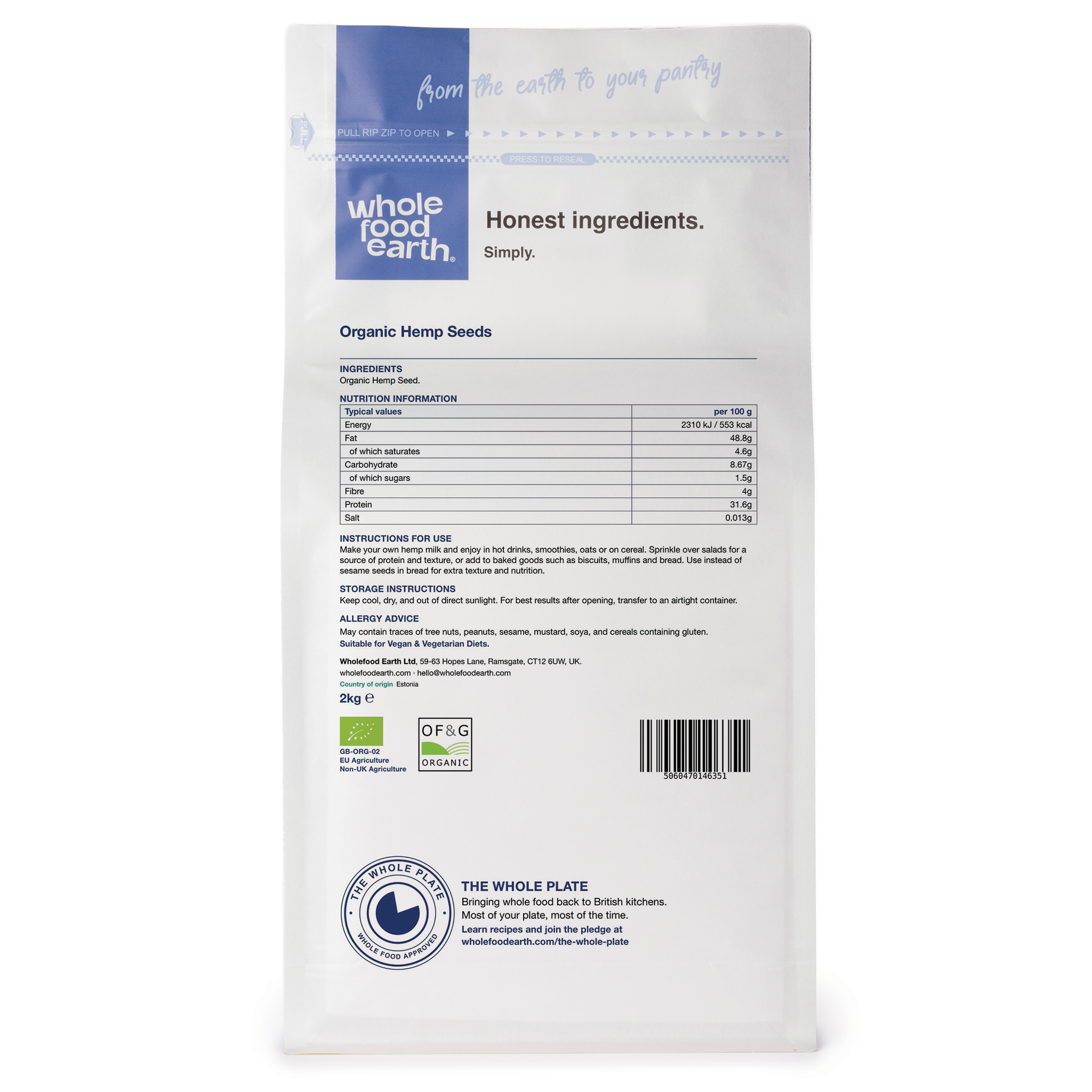 Organic hemp seeds by Whole Food Earth in 250g, 500g, 1kg, 2kg, 3kg, and 25kg packs, shown from the back view.
