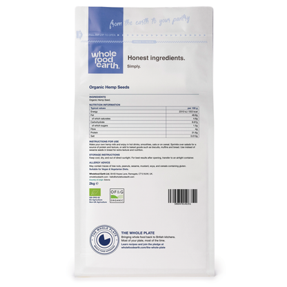 Organic hemp seeds by Whole Food Earth in 250g, 500g, 1kg, 2kg, 3kg, and 25kg packs, shown from the back view.