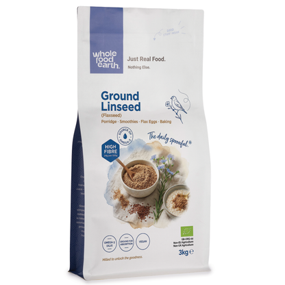 Organic ground flaxseed from Whole Food Earth, a natural powder of ground linseed on a white background.