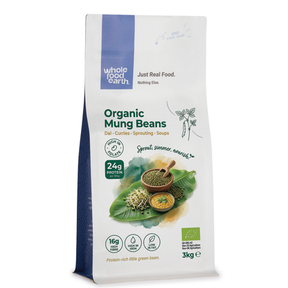 Whole Food Earth organic mung beans in a clear container, fresh green beans perfect for healthy cooking and pulses.