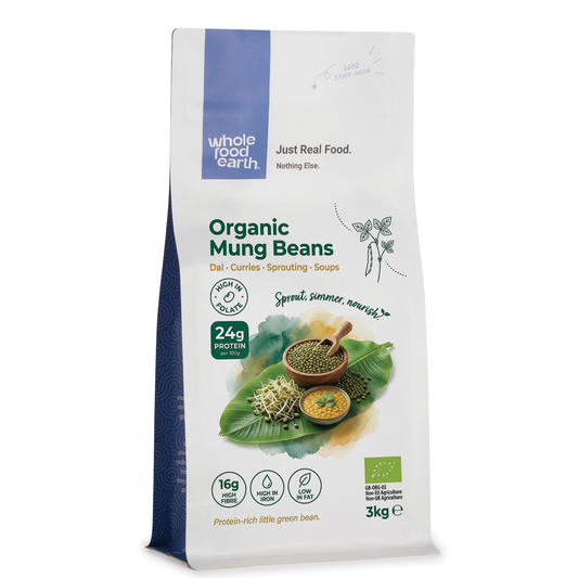 Organic mung beans from Whole Food Earth in a clear bowl, showing small, green, fresh beans suitable for cooking and healthy meals.