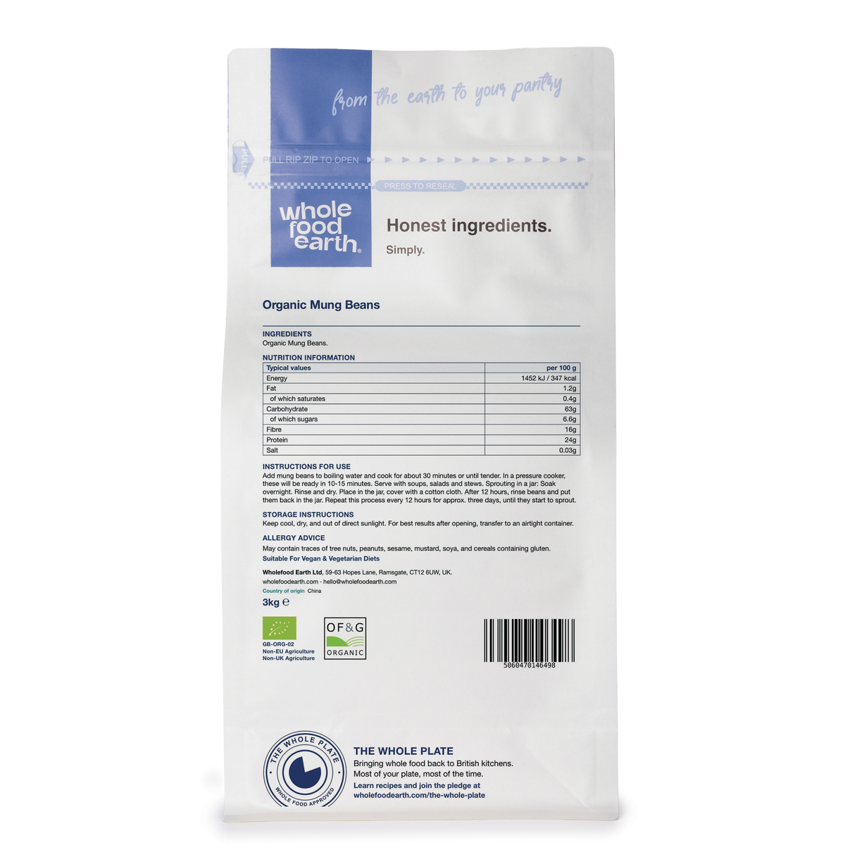 Organic mung beans from Whole Food Earth, fresh green pulses in a clear bag, showing the beans' smooth, vibrant appearance.