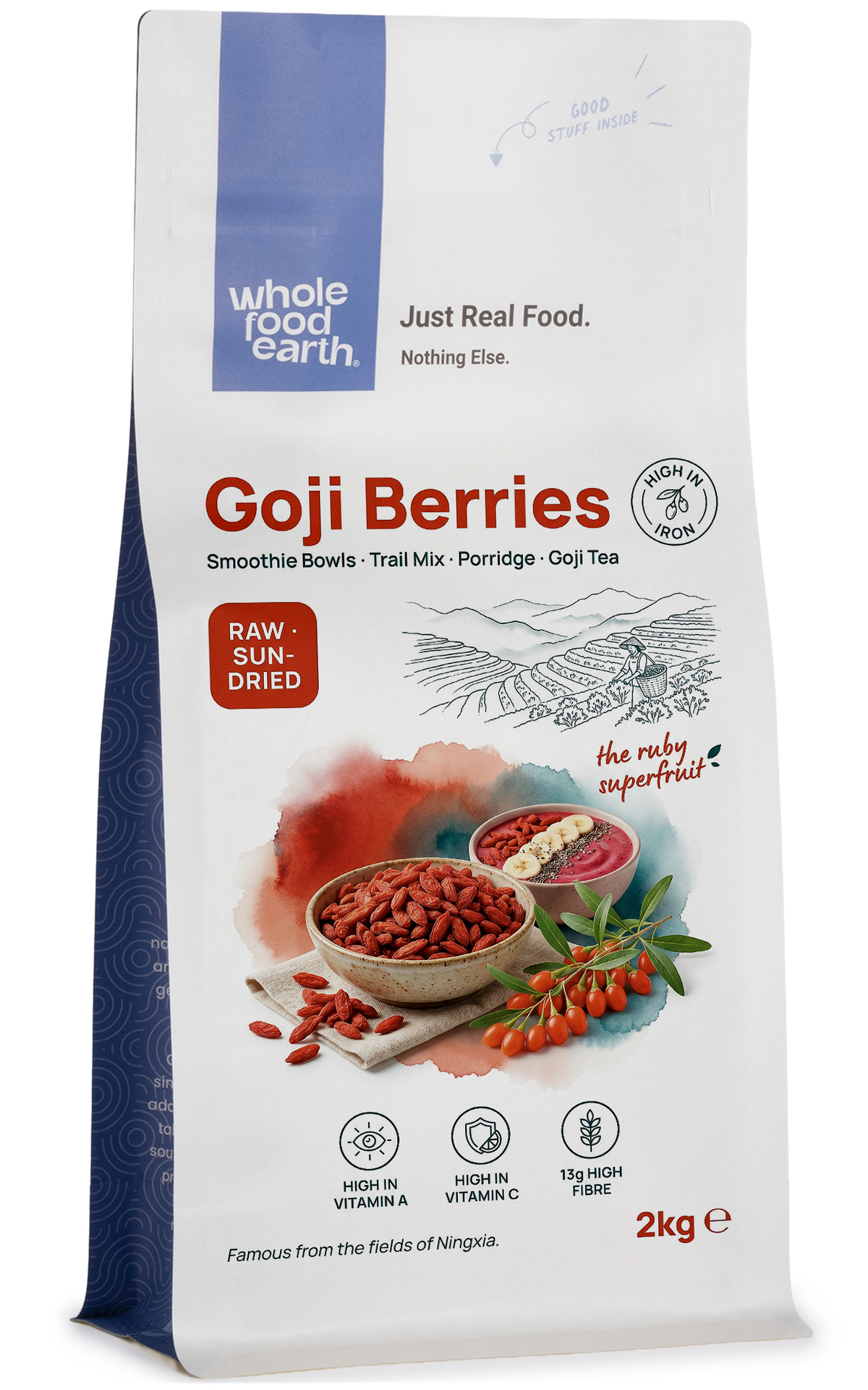 Dried goji berries from Whole Food Earth, showcasing vibrant red, chewy dried fruits on a neutral background.
