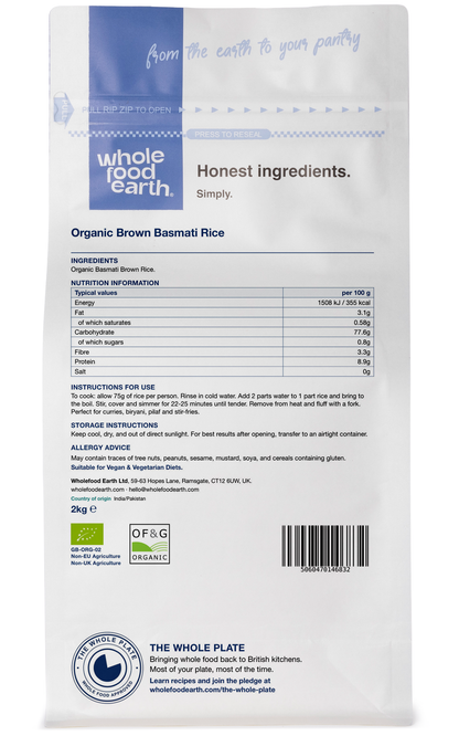 Organic brown Basmati rice from Whole Food Earth, showing a close-up of the rice grains in a natural, uncooked state.