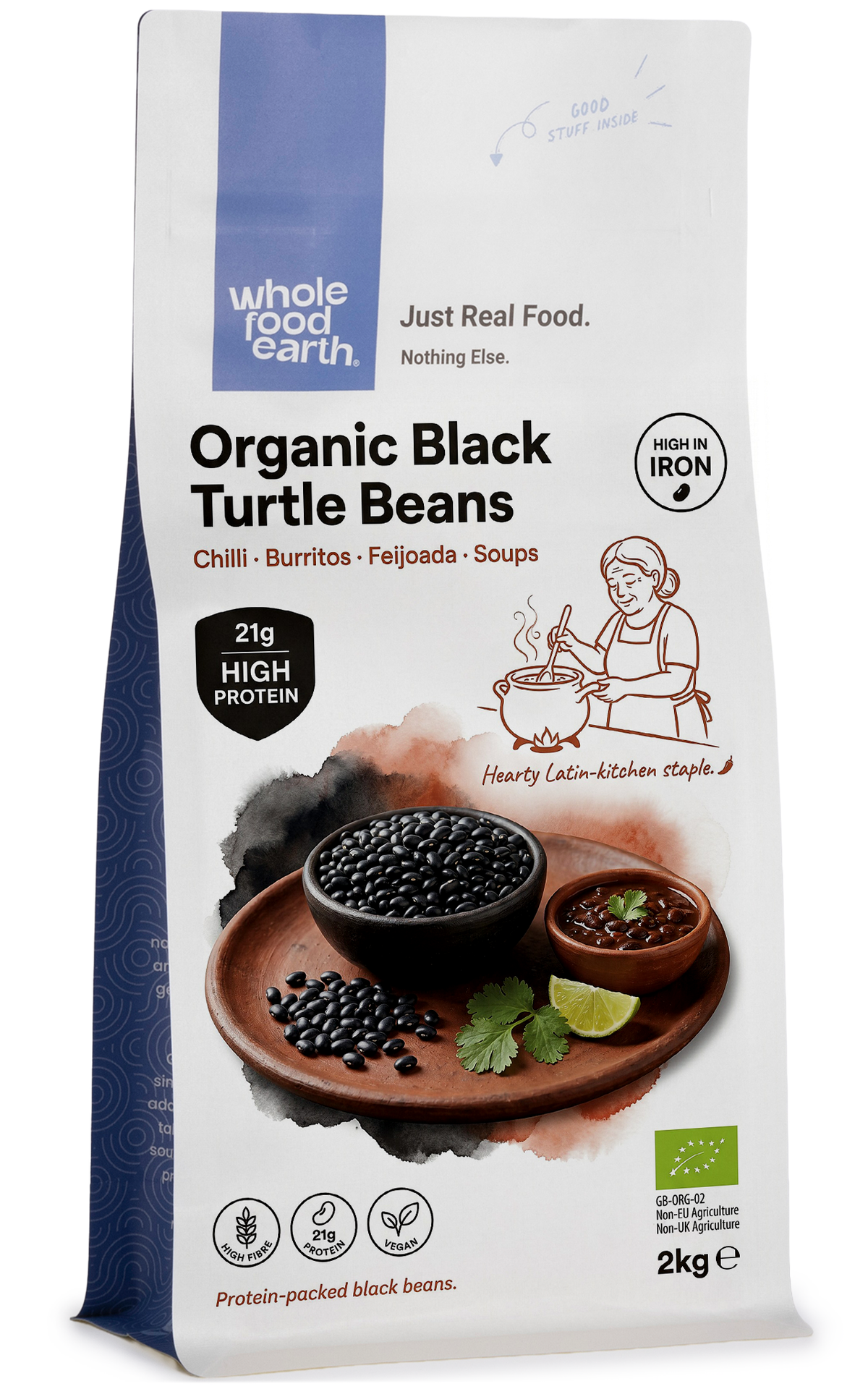 Organic black turtle beans from Whole Food Earth, showing a close-up of shiny, black beans in a bowl on a white background.