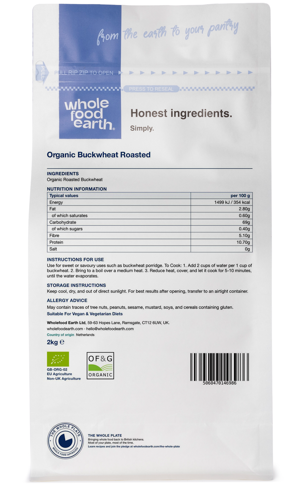 Organic roasted buckwheat grains from Whole Food Earth in a reusable bag, showcasing the textured, toasted buckwheat kernels.