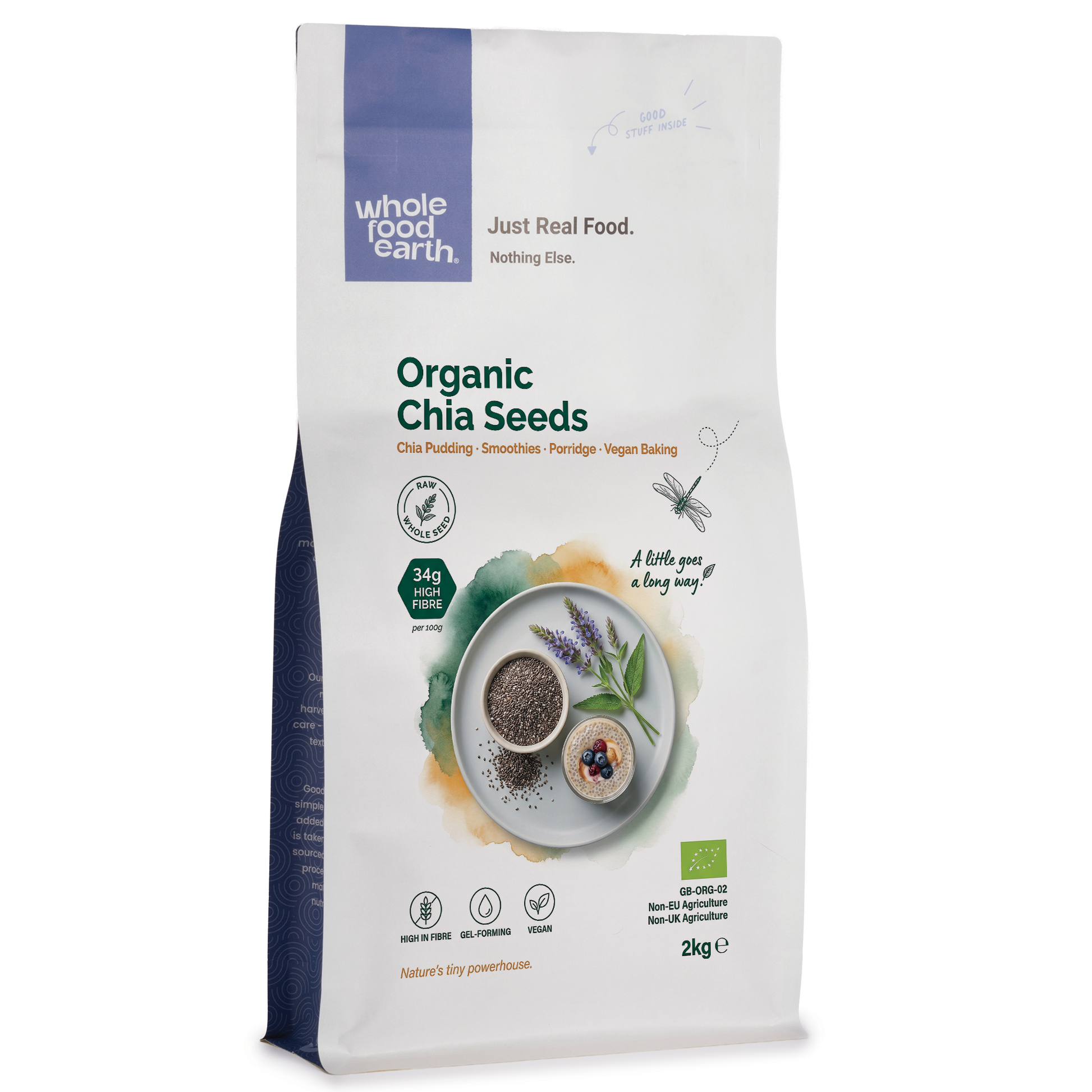Organic Whole Food Earth chia seeds in various sizes, showing the small, oval seeds with a smooth surface in a clear container.