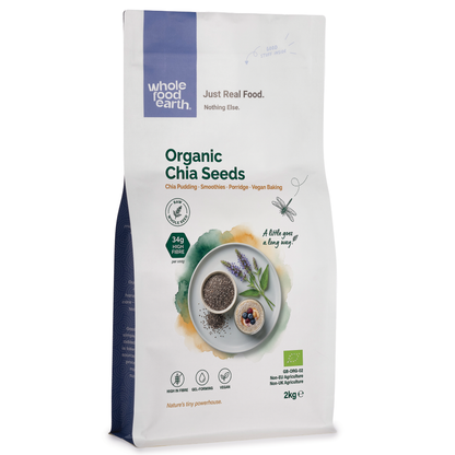 Organic Whole Food Earth chia seeds in various sizes, showing the small, oval seeds with a smooth surface in a clear container.