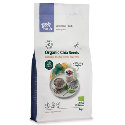 Organic chia seeds in a clear container, showing small black and white seeds, from Whole Food Earth, available in various sizes.