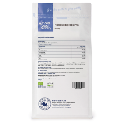 Whole Food Earth organic chia seeds in 250g to 25kg packaging, showing a close-up view of the seed texture.