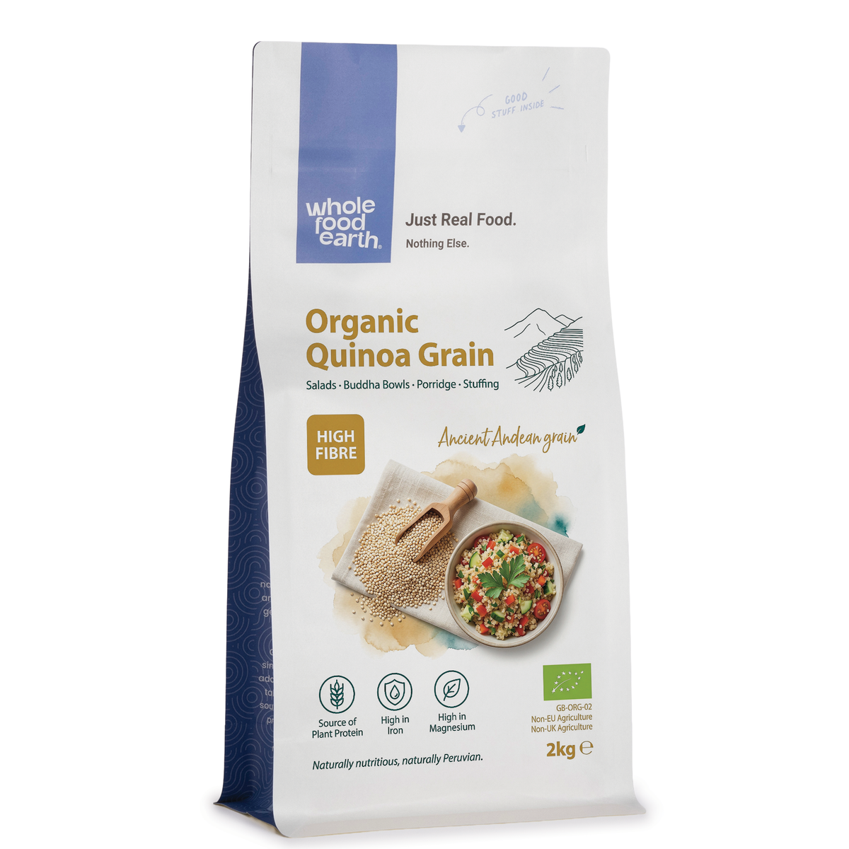 Organic Whole Food Earth quinoa grains in a clear bag, showing small, light-colored quinoa seeds suitable for cooking or baking.