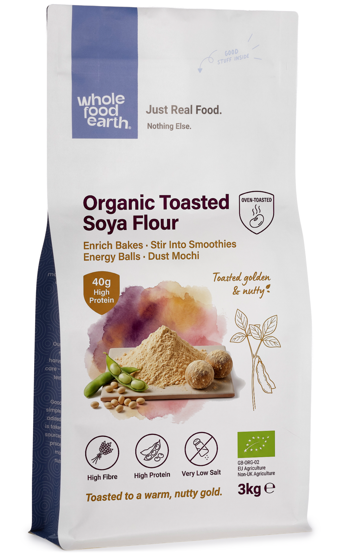 Organic toasted soya flour from Whole Food Earth, showing a close-up of the light brown, textured flour in a bowl.