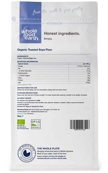 Organic toasted soya flour from Whole Food Earth, showing the 3D back view of the packaging.