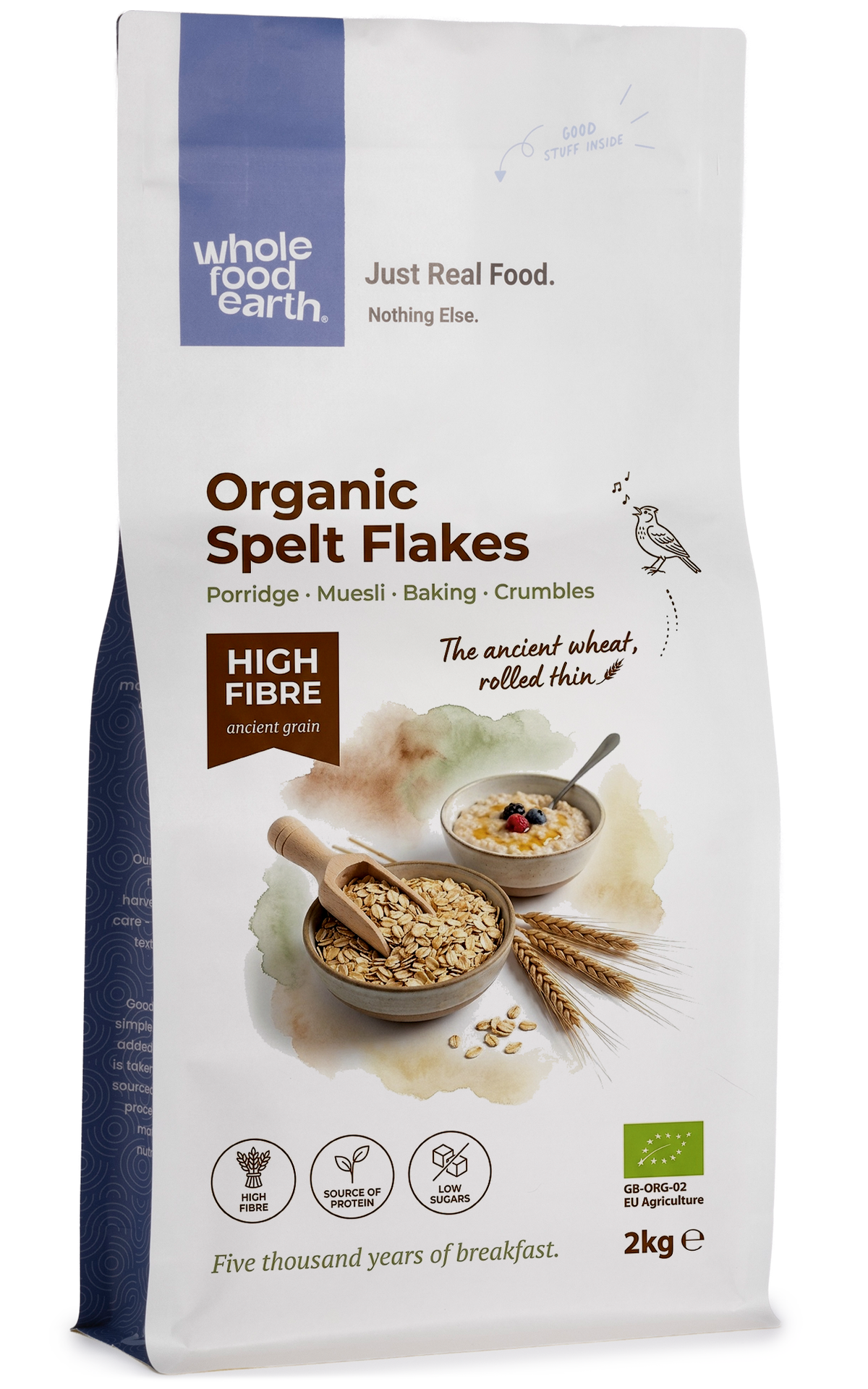 Organic spelt flakes cereal from Whole Food Earth, showing a bowl of crunchy, golden spelt flakes on a white background.