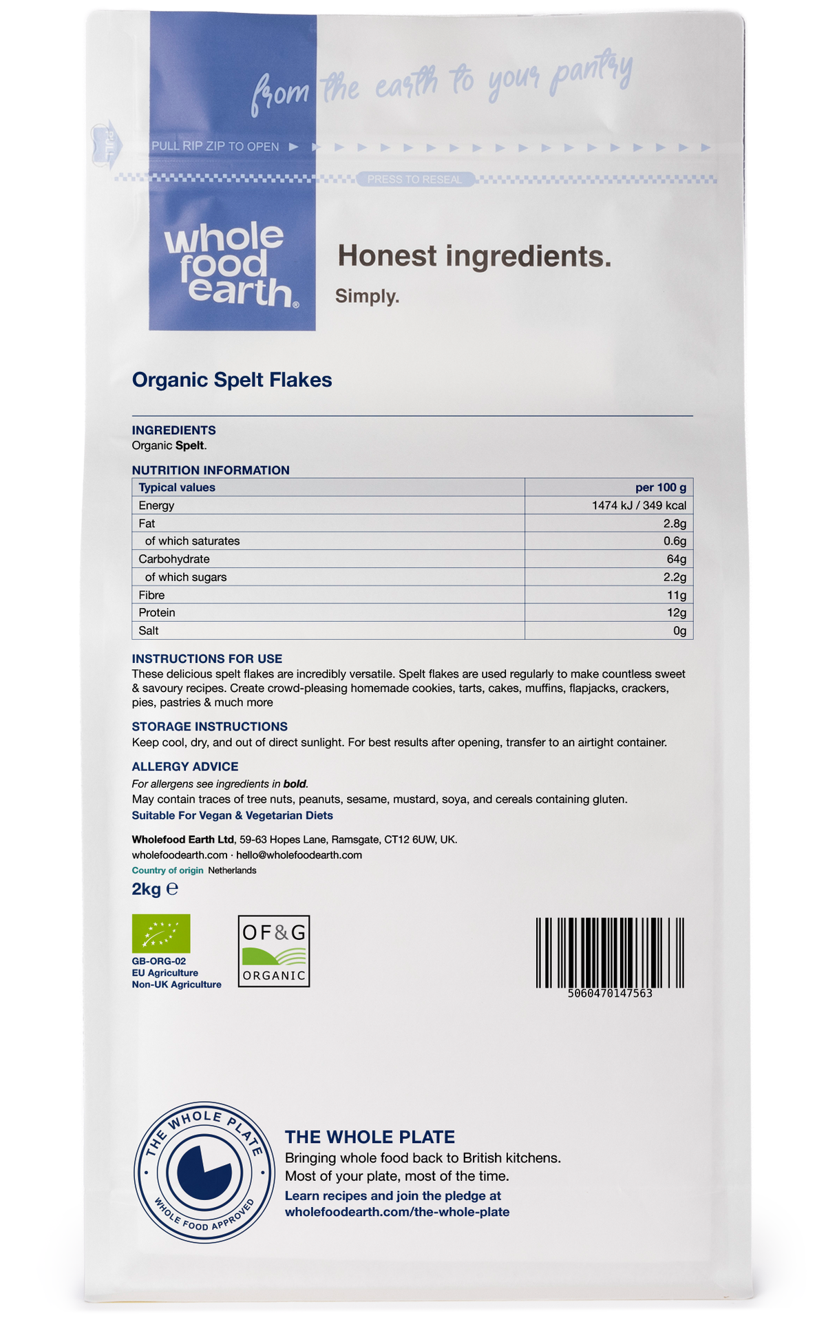 Organic spelt flakes cereal by Whole Food Earth, showing a bowl of crunchy spelt flakes with a spoon on a rustic table.