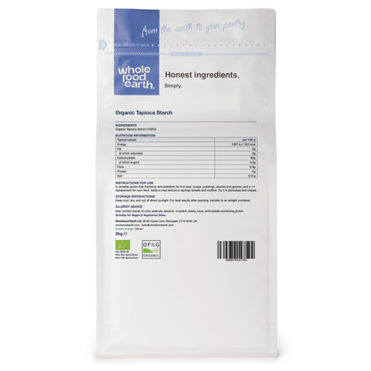Organic tapioca starch from Whole Food Earth, packaged in a clear bag, showing the fine white powder inside.