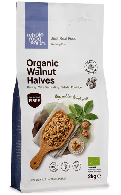 Organic walnut halves from Whole Food Earth, showing fresh, crunchy walnut pieces in a natural light.