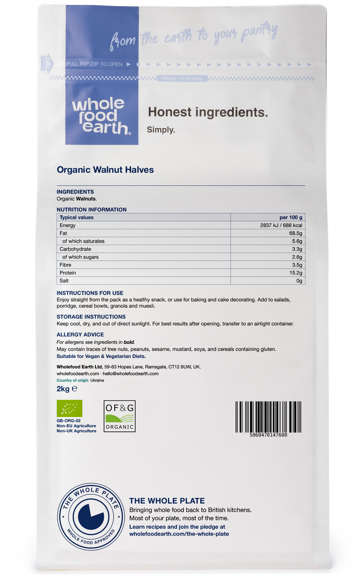 Organic walnut halves from Whole Food Earth, showing fresh, crunchy nuts with textured brown shells and natural interior.