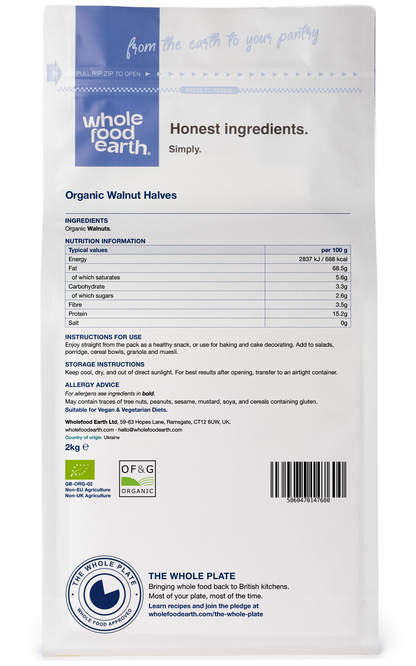 Organic walnut halves from Whole Food Earth, showing fresh, crunchy nuts with textured brown shells and natural interior.