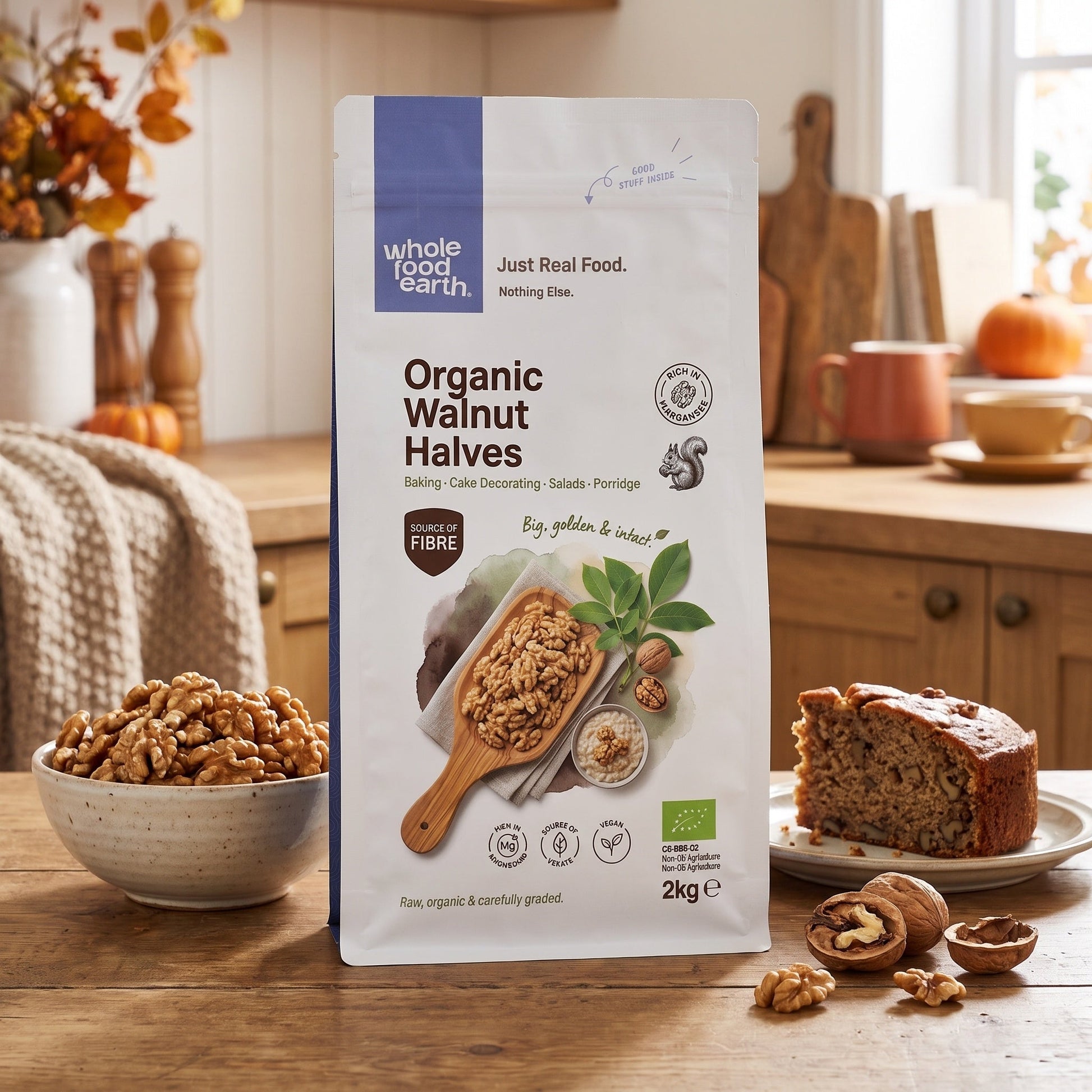 Organic walnut halves from Whole Food Earth, showing crunchy, light brown walnut pieces on a white background.
