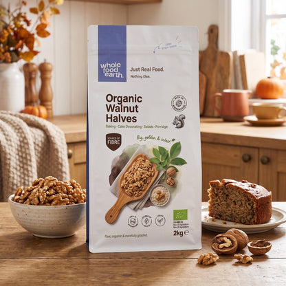Organic walnut halves from Whole Food Earth, showing crunchy, light brown walnut pieces on a white background.