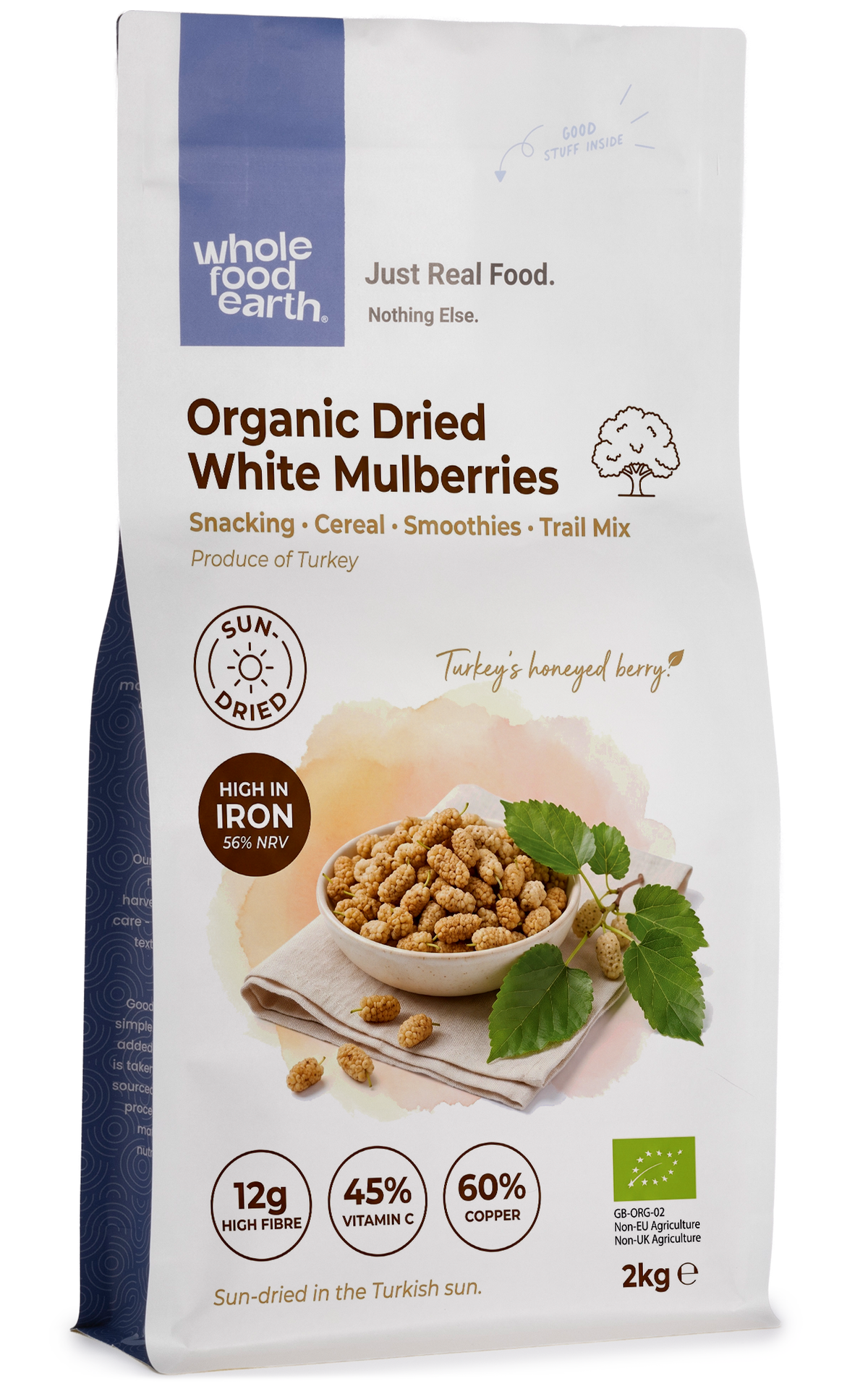 Organic White Mulberries dried fruit from Whole Food Earth with white, chewy dried berries on a neutral background.