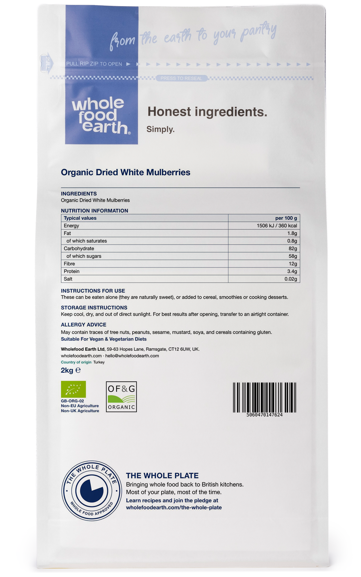 Dried organic white mulberries from Whole Food Earth, shown in a close-up image, highlighting their plump, white, dried fruit appearance.