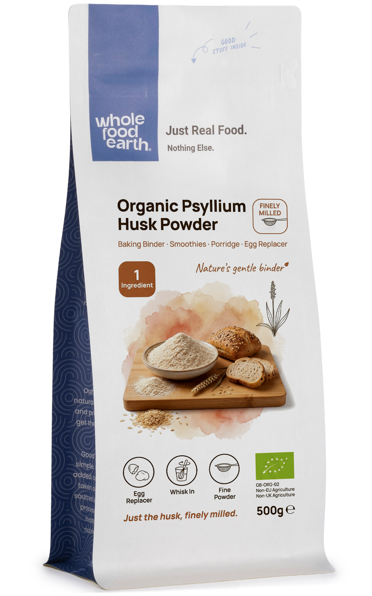 Organic Psyllium Husk Powder from Whole Food Earth, a specialty supplement shown in a 3D rendering.