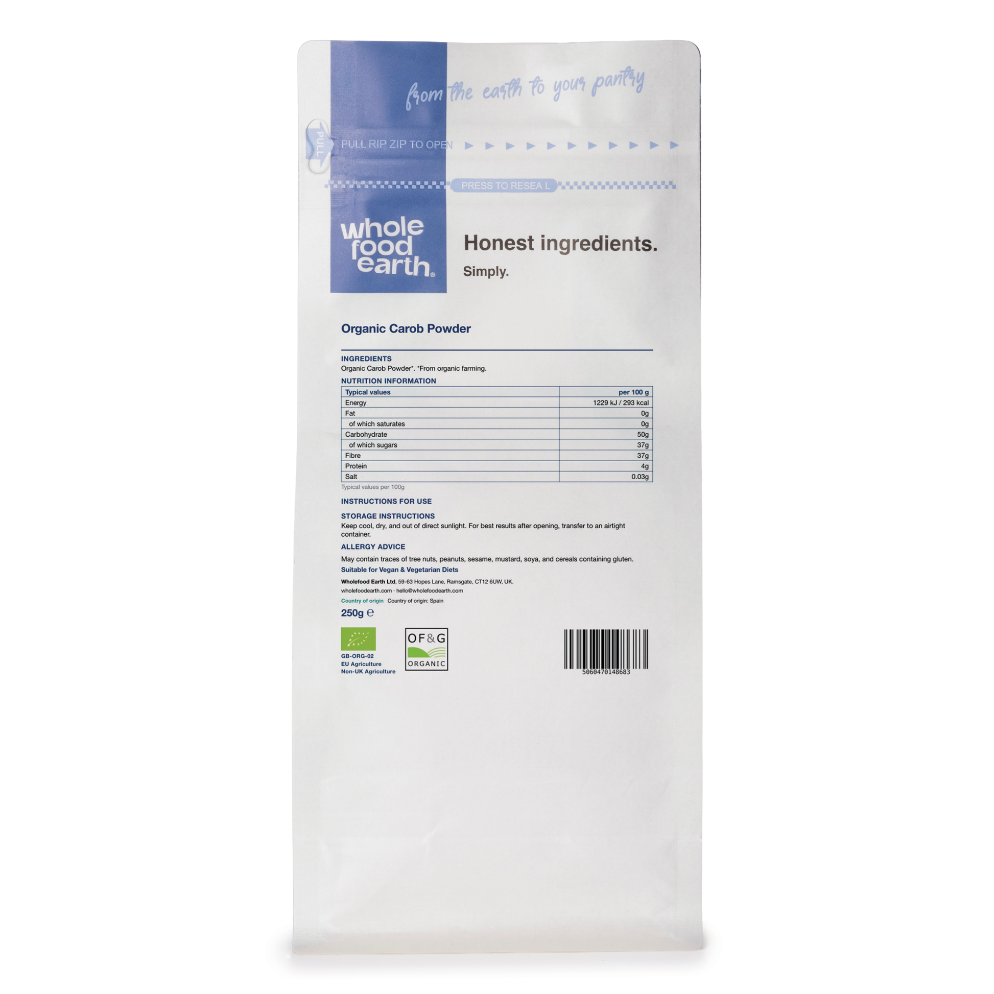 Back view of Whole Food Earth Organic Carob Powder in a specialty product container, showing the label and packaging.