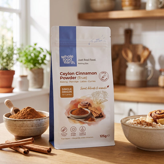 Ceylon cinnamon powder by Whole Food Earth, a fine ground herb and spice with a warm, fragrant aroma.
