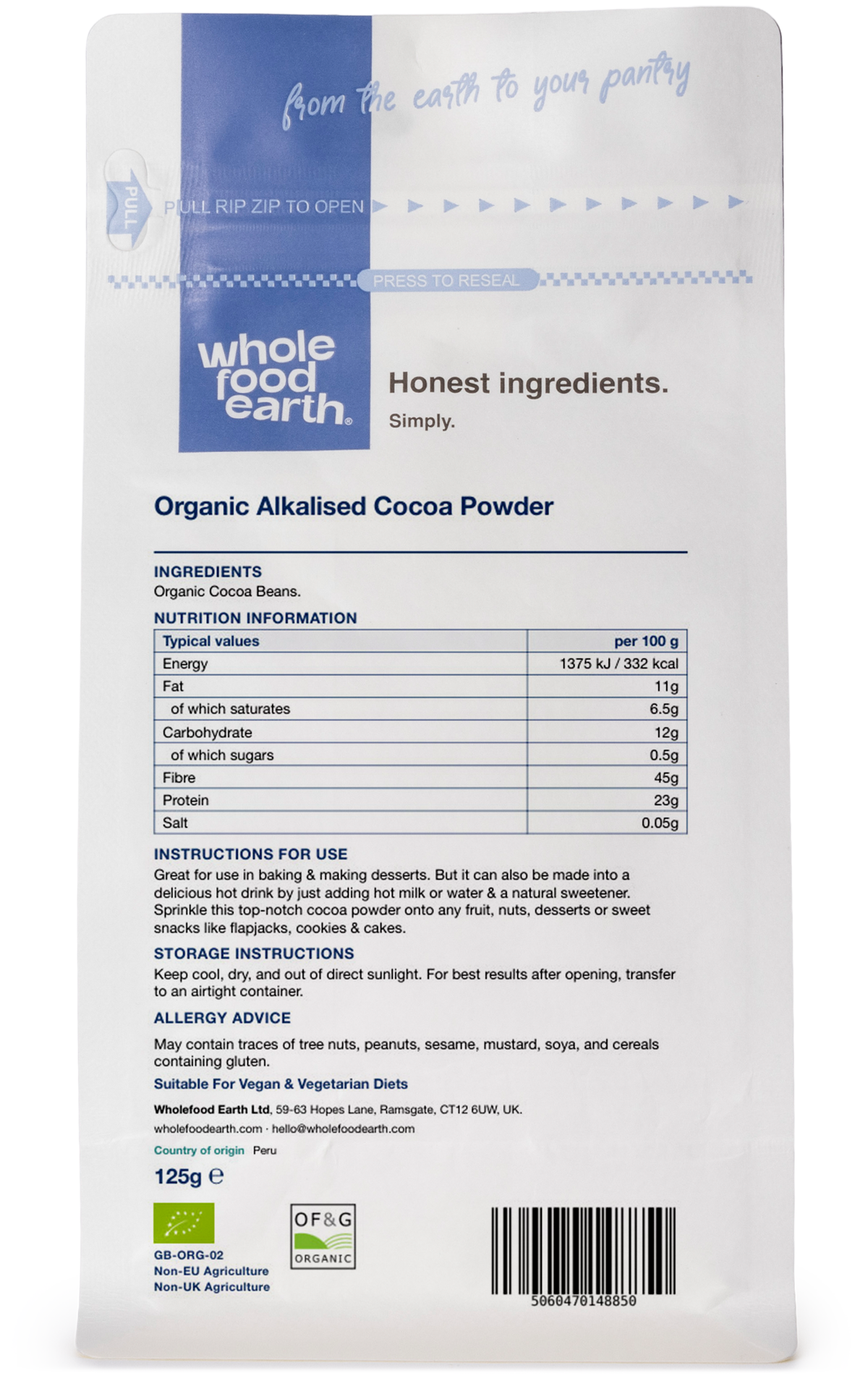 Organic alkalised cocoa powder in a container, showing the label and product details from Whole Food Earth.