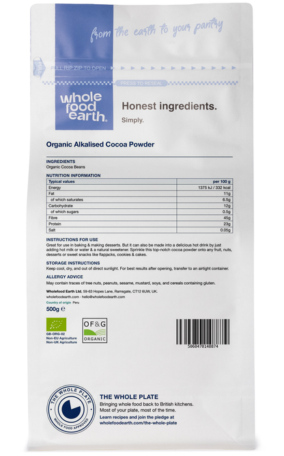 Back view of Whole Food Earth Organic Alkalised Cocoa Powder in a specialty packaging, showing the product label and container.