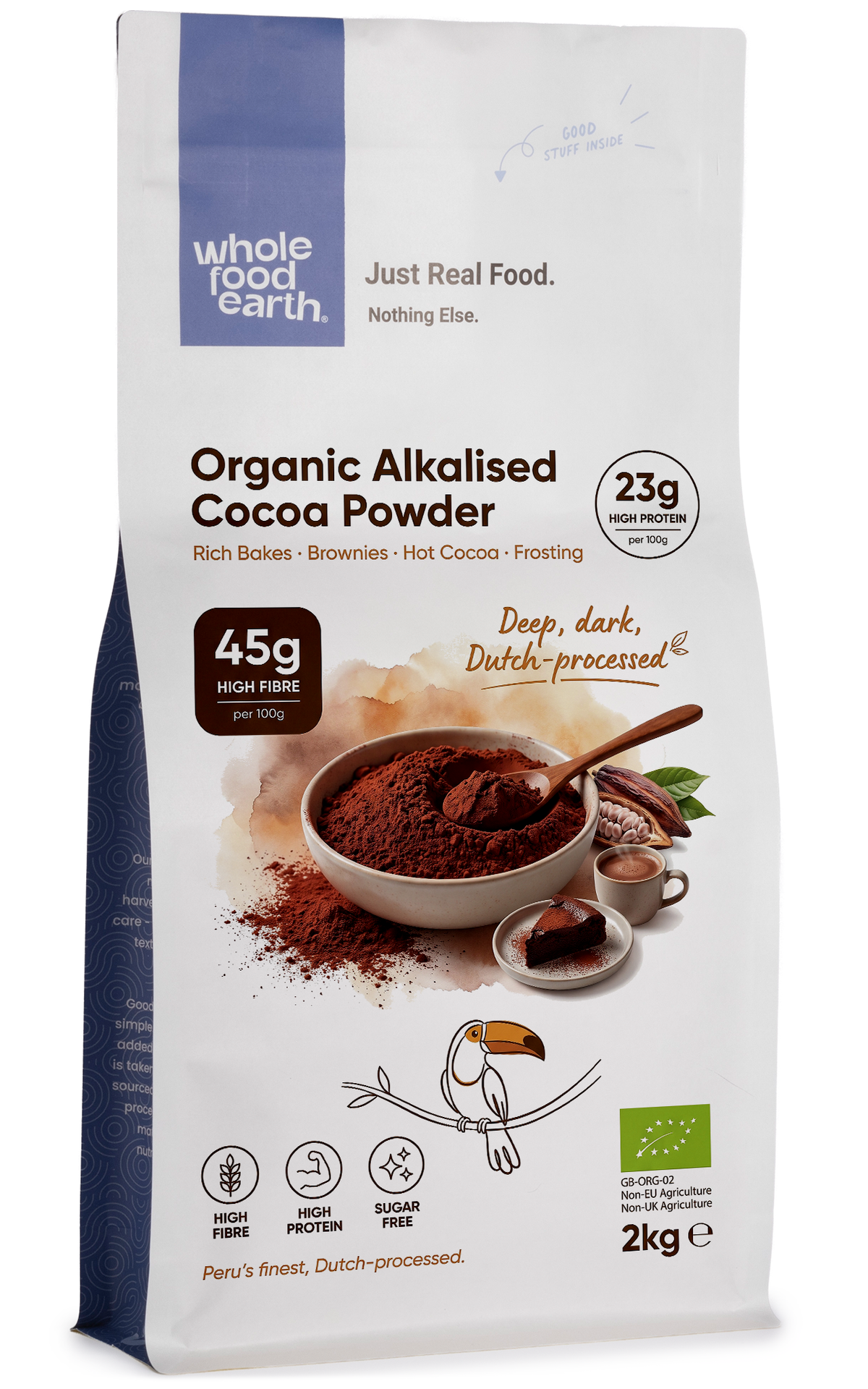 Organic alkalised cocoa powder by Whole Food Earth, in a 3D image showcasing the fine, rich brown specialty cocoa powder.