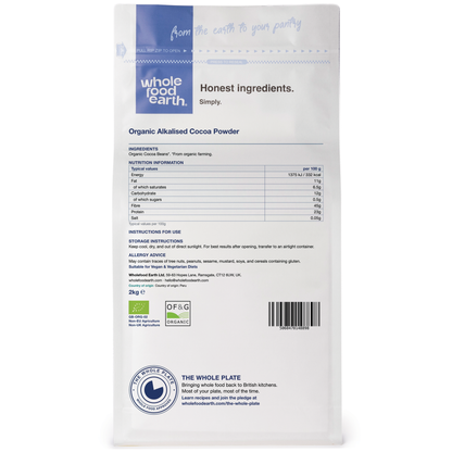 Back view of Whole Food Earth organic alkalised cocoa powder in a specialty product container, showcasing the packaging design.