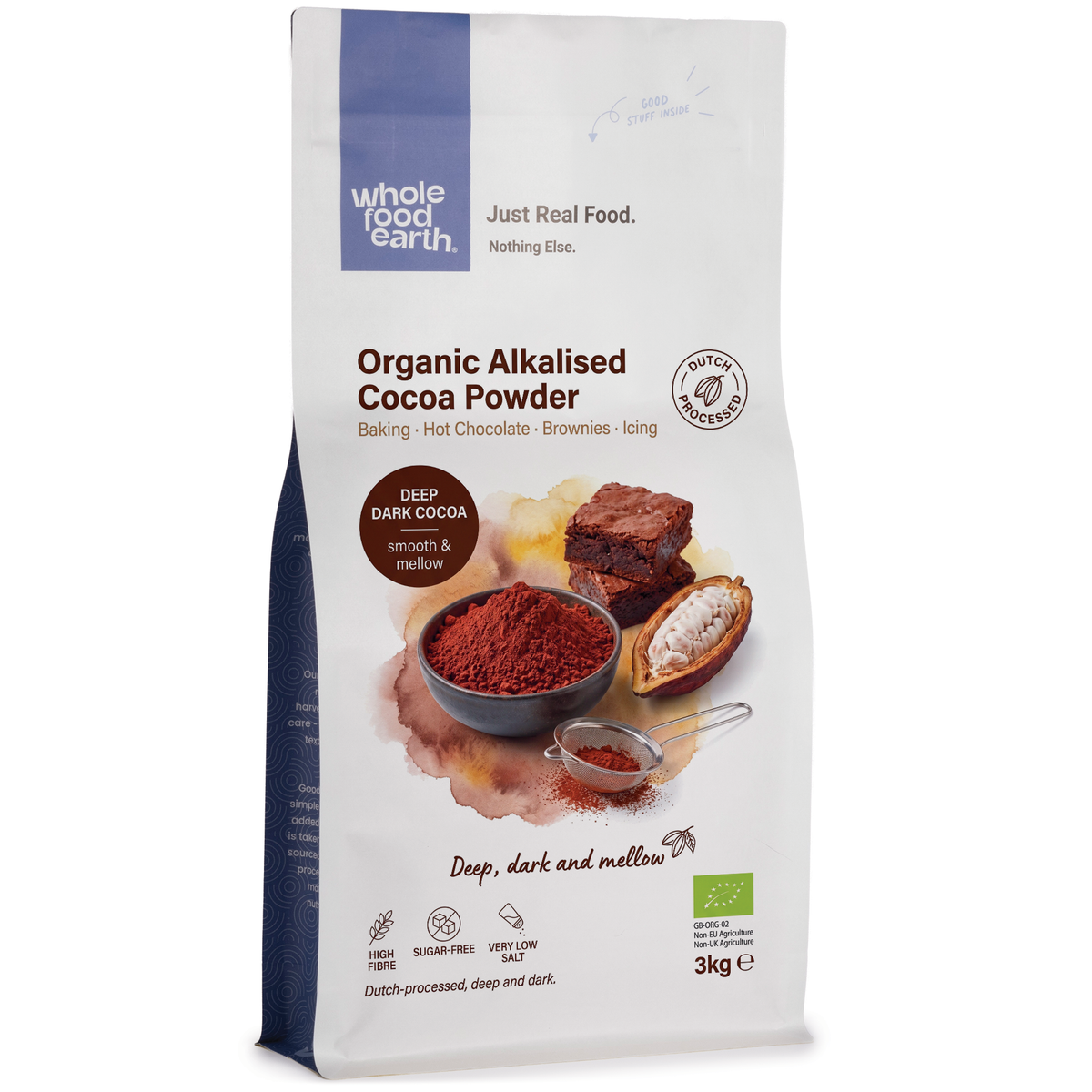 Organic alkalised cocoa powder from Whole Food Earth, shown in a 3D rendering, highlighting its rich, dark cocoa color.