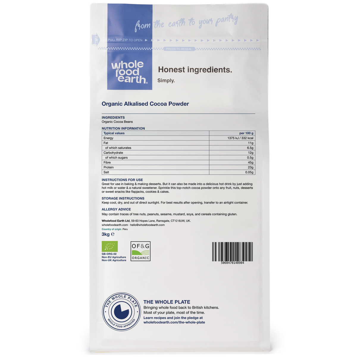 Organic alkalised cocoa powder bag from Whole Food Earth, showing the packaging and product details on the front.