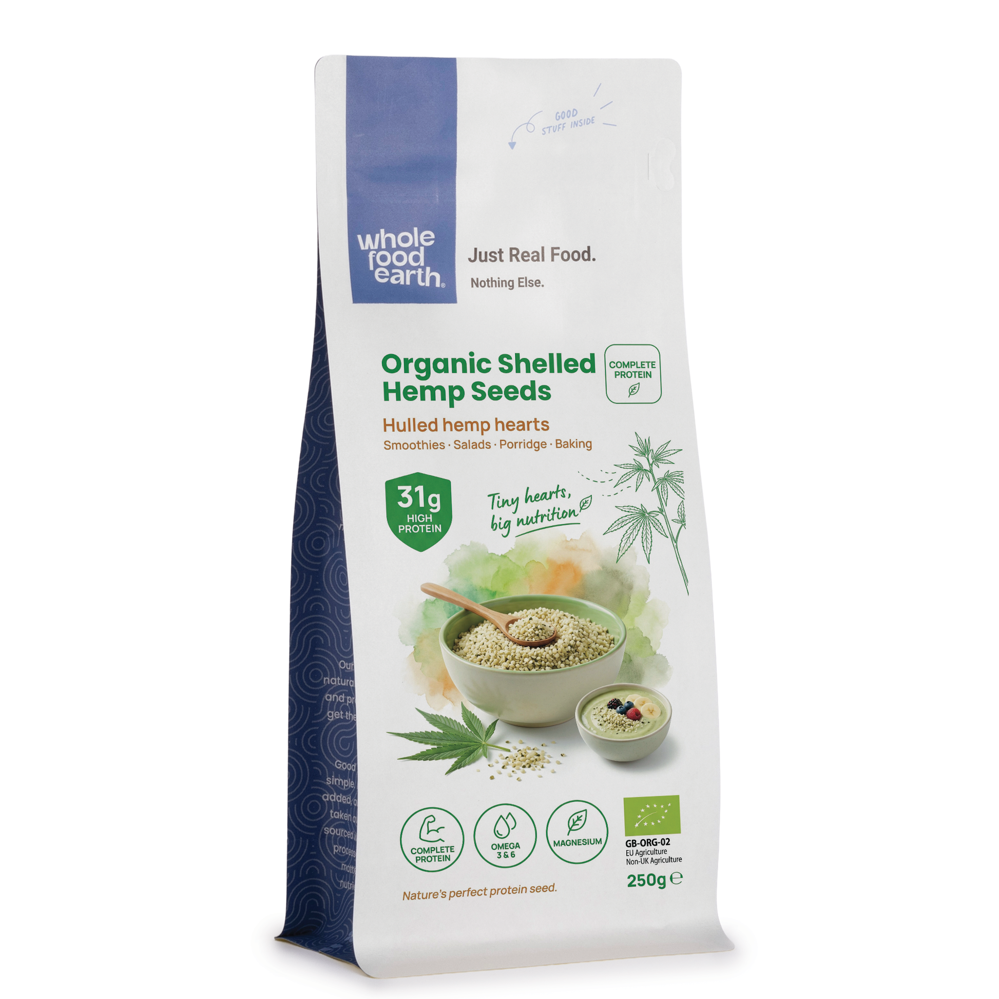Organic shelled hemp seeds from Whole Food Earth, close-up of greenish seeds in a bowl on a white background.