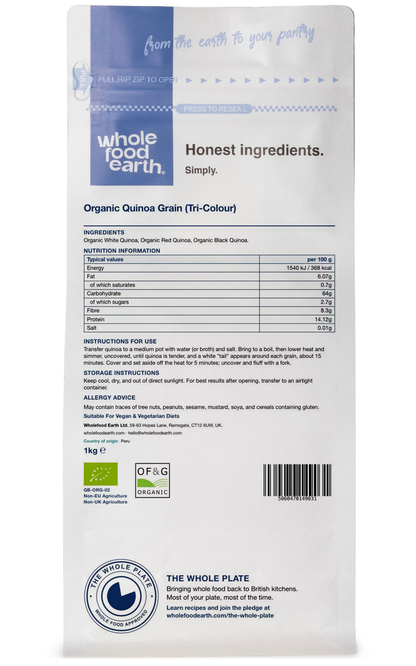 Organic tri-color quinoa grains from Whole Food Earth, showcasing mixed white, red, and black quinoa in a bag.