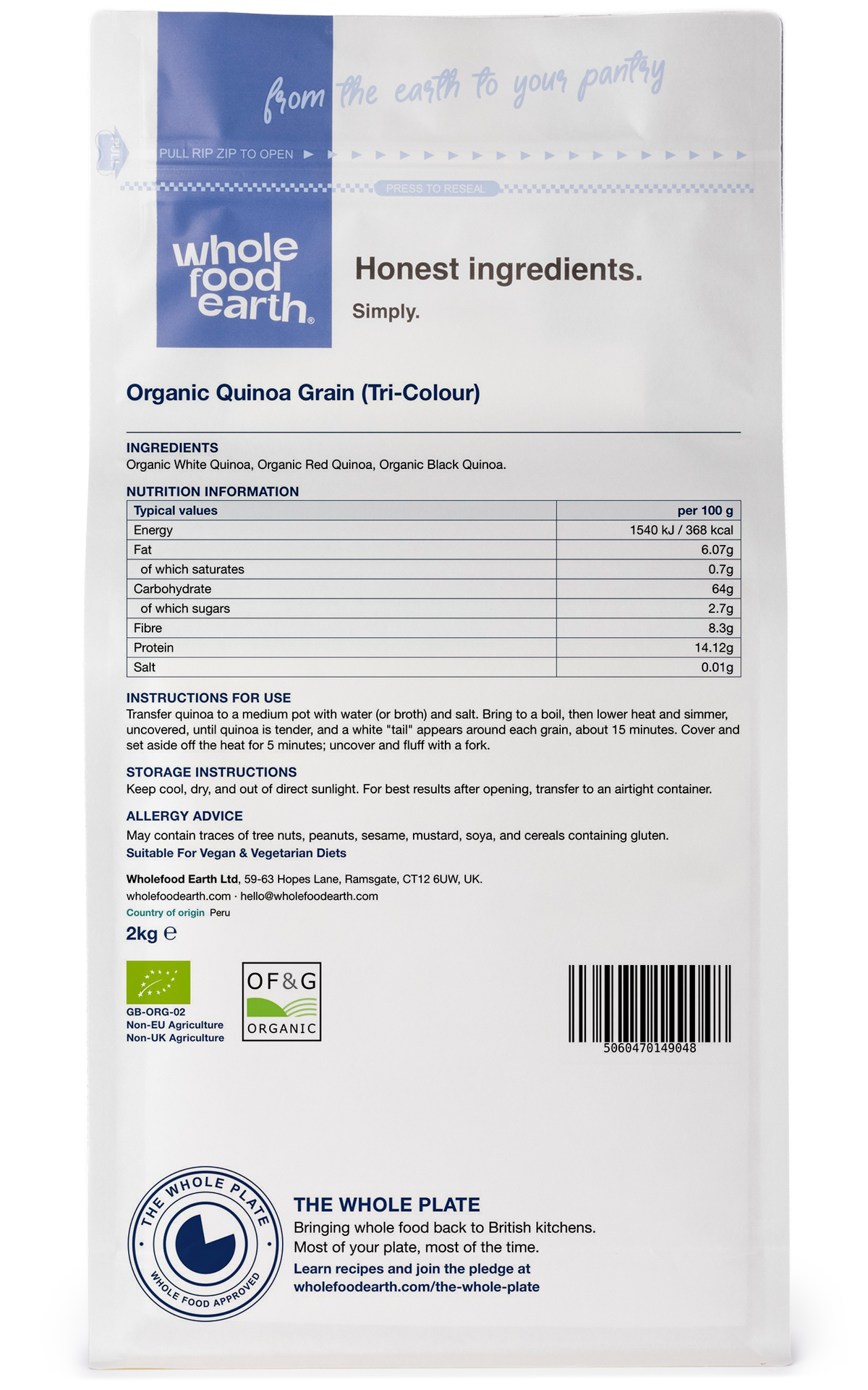 Organic tri-color quinoa grains from Whole Food Earth, showcasing mixed colorful quinoa seeds in a natural setting.
