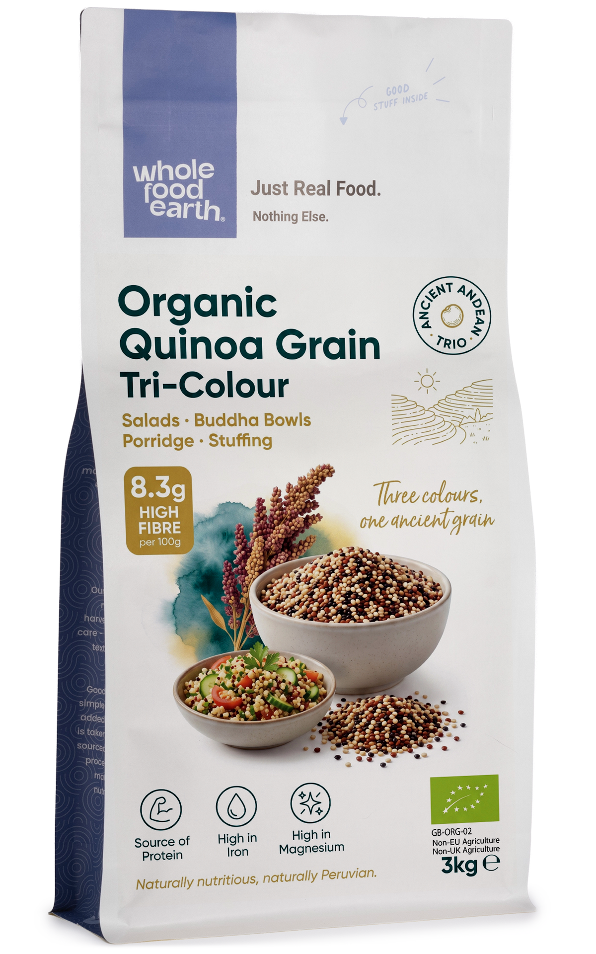 Tri-color organic quinoa grains from Whole Food Earth, showing vibrant, uncooked quinoa in a clear bowl on a neutral background.