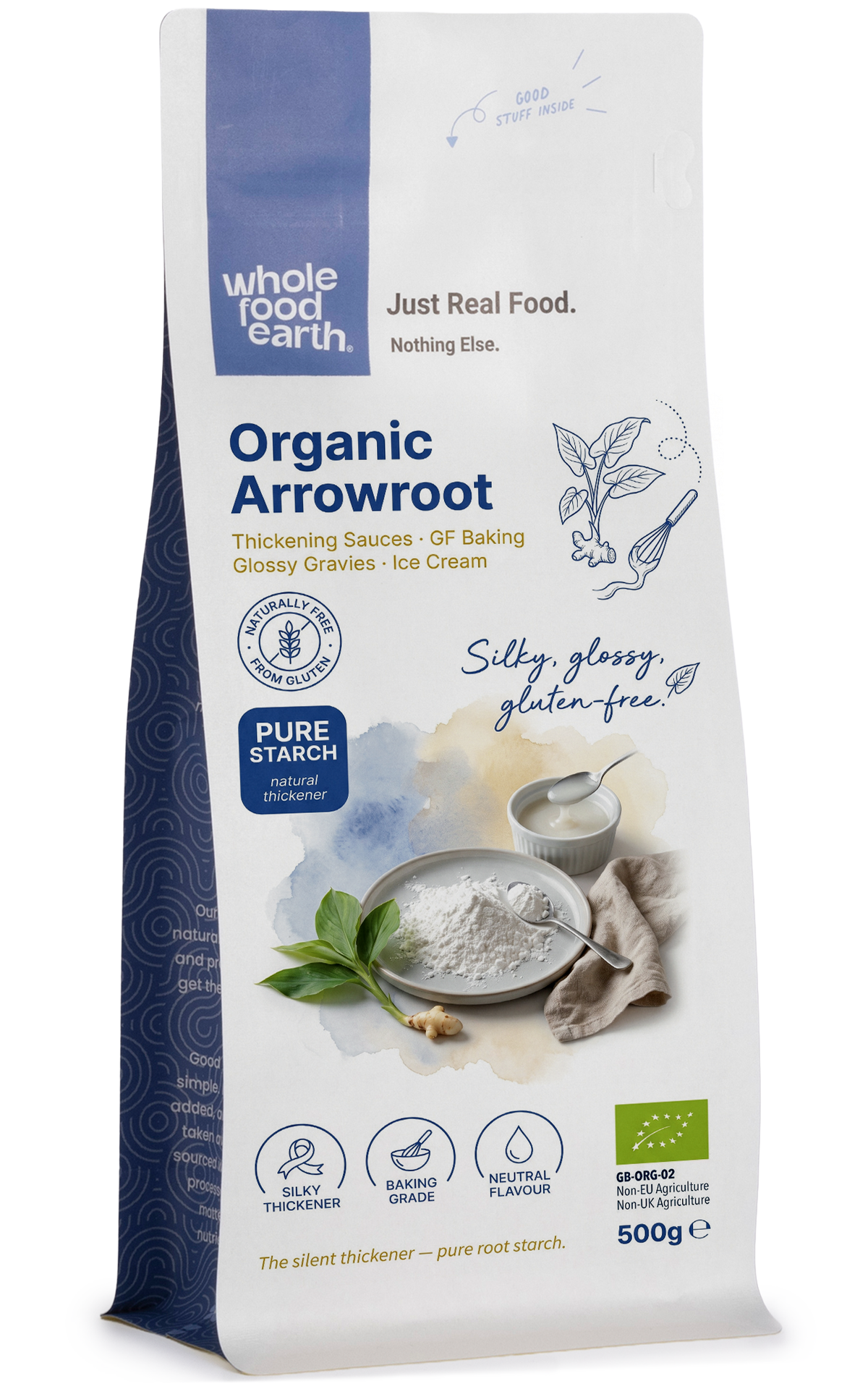 Organic Arrowroot powder from Whole Food Earth, close-up of the white, fine, gluten-free specialty powder in a clear container.
